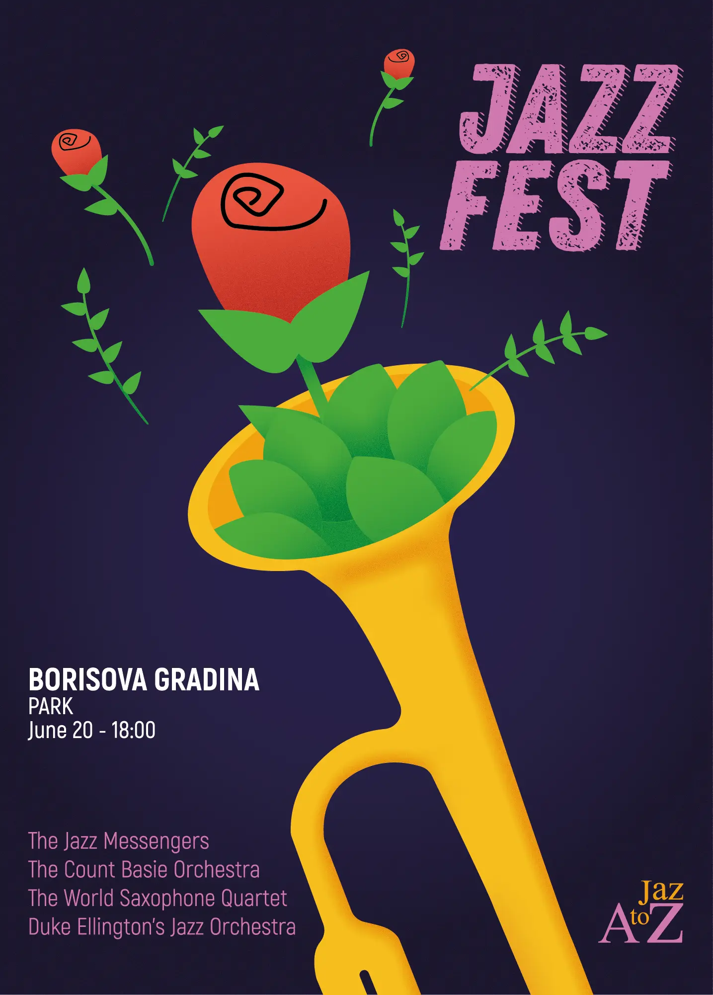 Poster for a Jazz Festival, hosted by A to Jazz. A golden trumpet on a dark purple background blooms with a red rose and green leaves, with smaller roses and sprigs floating around it.